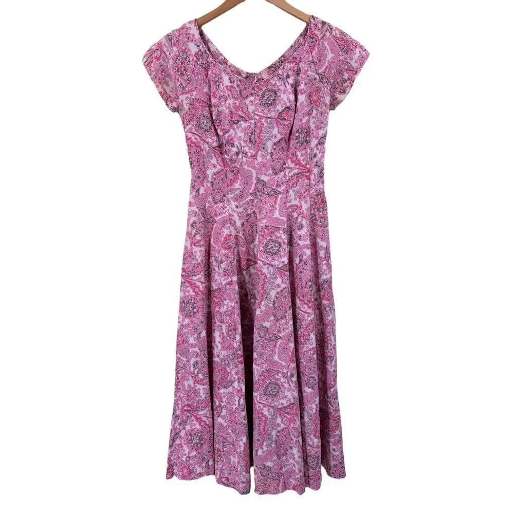 Vintage 50's SEMONT New York Pink Floral Cotton Sequin Dress Size Small